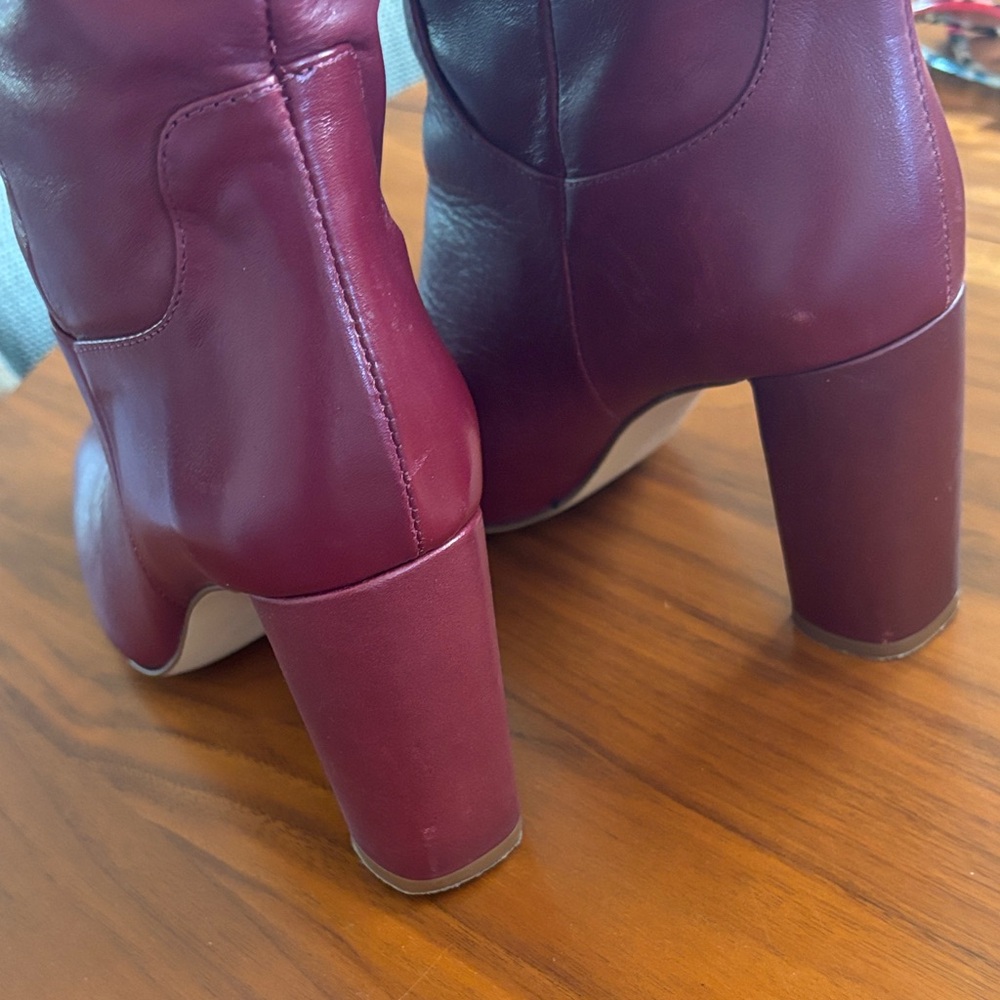 Zara Burgundy Leather Knee-High Heeled Boots - Picture 9 of 11